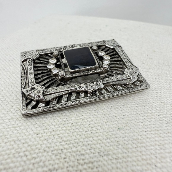 Art Deco Style Brooch Rhinestone Black Square Gem Silver Tone Filigree - Picture 3 of 10